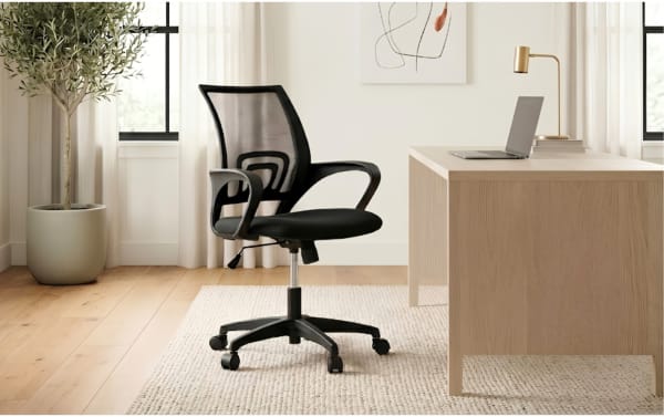 Lexi Black Adjustable Swivel Mesh Office Chair with breathable black mesh back, padded foam seat, height and tilt adjustments, and five-point caster base for ergonomic home office comfort.