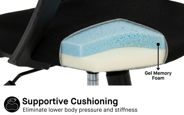 Cross-section of Lexi Black Adjustable Swivel Mesh Office Chair seat showing layered gel memory foam and supportive cushioning to reduce lower body pressure and stiffness.