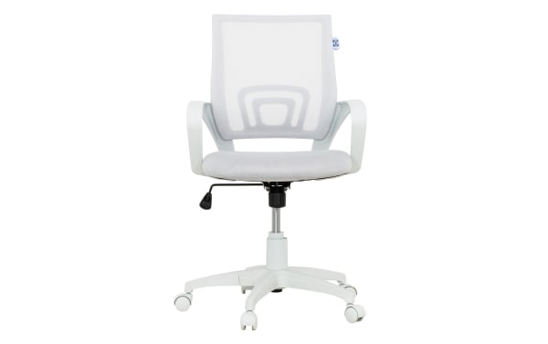 Lexi White Adjustable Swivel Mesh Office Chair with breathable white mesh back, padded foam seat, white plastic frame, and five-point caster base for ergonomic home office seating.
