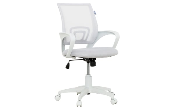 Lexi White Adjustable Swivel Mesh Office Chair with breathable white mesh back, padded foam seat, height and tilt adjustments, and white five-point caster base.