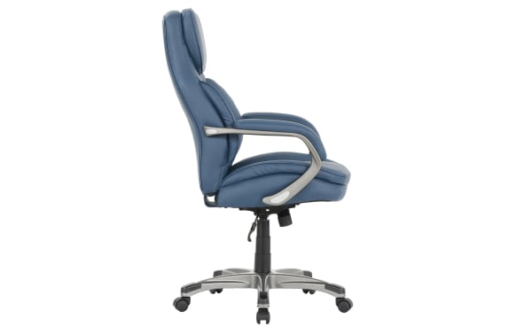 Nyx Blue Adjustable Swivel Office Chair in blue faux leather with memory foam padding, metal base, tilt function, and nylon casters for smooth mobility.