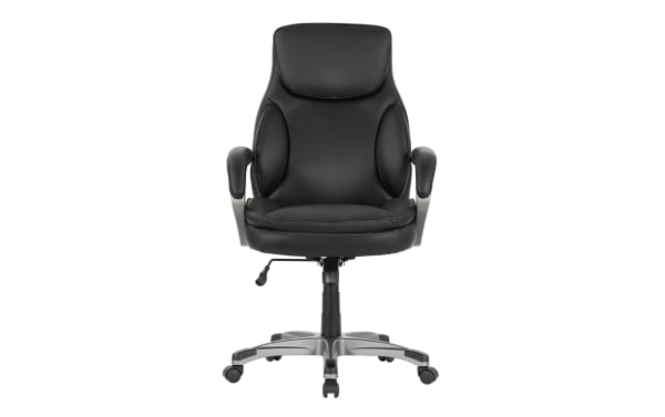 Nyx Black Adjustable Swivel Office Chair with faux leather upholstery, memory foam cushioning, gas lift height, tilt function, and nylon casters.