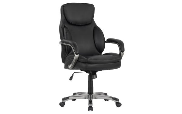 Nyx Black Adjustable Swivel Office Chair with faux leather upholstery, memory foam cushioning, gas lift, tilt function, and nylon casters for smooth mobility.