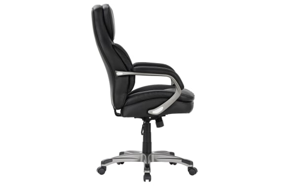 Nyx Black Adjustable Swivel Office Chair with faux leather upholstery, memory foam padding, metal frame, tilt function, gas lift, and nylon casters.