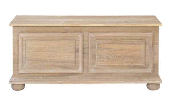 Wooden storage chest with light natural finish, raised panel design, and rounded feet, suitable for living room or bedroom storage.