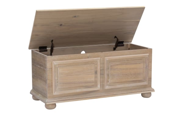Wooden storage chest with a hinged lid, natural light brown finish, paneled front design, and rounded feet for home organization.