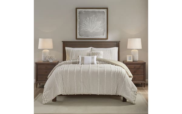 Taupe and white Piper King 3 Piece Comforter Set with oversized stripes, Clip Jacquard texture, cotton fabric, and cottage style design.