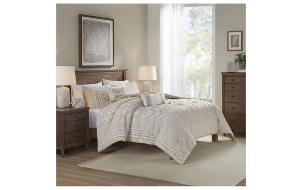 Piper King Taupe Stripes 3 Piece Comforter Set with oversized taupe and white stripes, cotton fabric, Clip Jacquard texture, and matching shams in casual cottage style