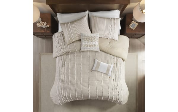 Piper King Taupe Stripes 3 Piece Comforter Set with cotton fabric, oversized taupe and white stripes, Clip Jacquard texture, and matching shams in casual cottage style.