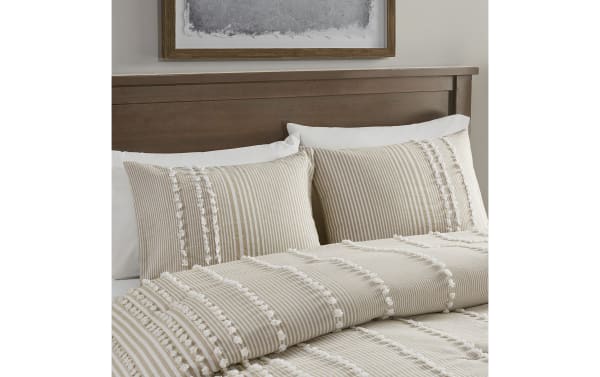 Piper King Taupe Stripes 3 Piece Comforter Set with cotton fabric, oversized taupe and white stripes, Clip Jacquard texture, and matching shams in casual cottage style