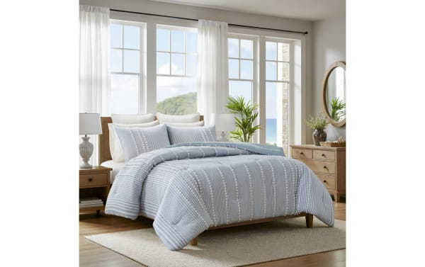 Piper King Blue Stripes 3 Piece Comforter Set in blue and white cotton with oversized stripes and Clip Jacquard texture, cottage style bedding with two matching shams, breathable fabric, OEKO-TEX certified.