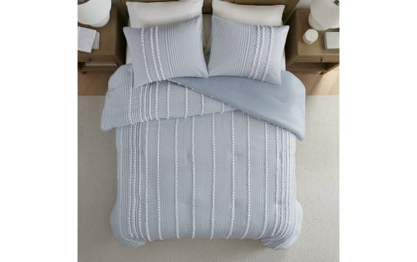 Piper King Blue Stripes 3 Piece Comforter Set in blue and white cottage style, 100% cotton with Clip Jacquard texture, includes comforter and two matching shams.