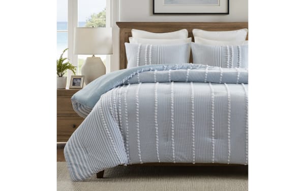 Piper King Blue Stripes 3 Piece Comforter Set in blue and white cotton with oversized stripes and Clip Jacquard texture, cottage style bedding.