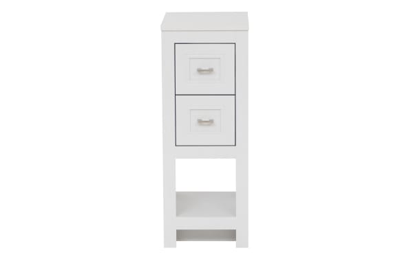 White wooden bathroom storage cabinet with two drawers, silver handles, and an open bottom shelf for extra storage.
