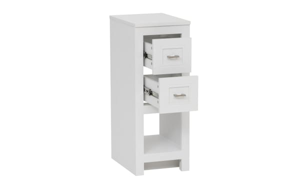 White wooden bathroom storage cabinet with two open drawers, silver handles, and an open bottom shelf for organizing toiletries.
