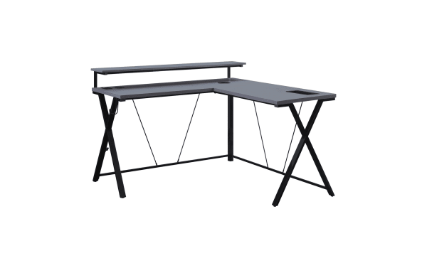 Chuck Gray L-Shaped Gaming Desk in gray MDF and black steel with LED lights, dual USB ports, wireless charging, upper shelf, cup holder, and accessory hook.