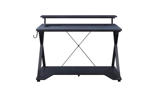 Chuck Gray Gaming Desk in black painted steel and MDF with transitional style, featuring upper monitor shelf, built-in power outlet, USB ports, wireless charging pad, LED lights, cup holder, accessory hook, and lower shelf for tower storage.