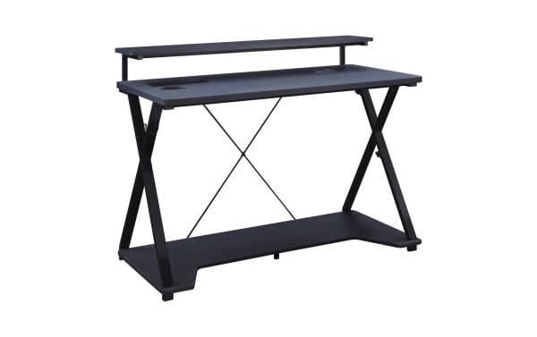 Chuck Gray Gaming Desk in black painted steel and MDF with transitional style, featuring an elevated monitor shelf, built-in cup holder, and lower storage shelf.
