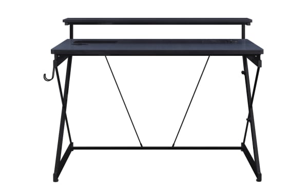Lee Gray Gaming Desk in black painted steel and MDF with transitional style, featuring dual monitor shelf, LED lights, USB ports, wireless charger, cup holder, and accessory hook.