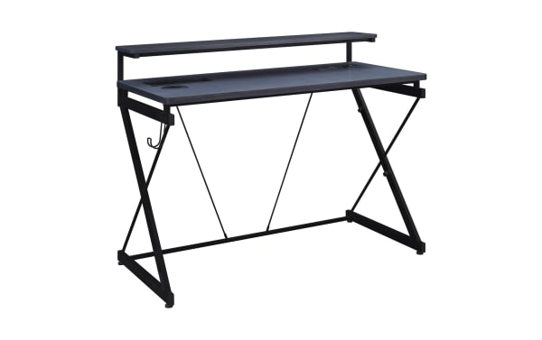 Lee Gray Gaming Desk in black painted MDF and steel with transitional style, featuring upper monitor shelf, LED lights, USB ports, wireless charger, cup holder, and accessory hook for home office or gaming setups.