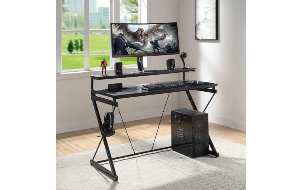 Lee Gray Gaming Desk in black painted steel and MDF with transitional style, featuring dual monitor shelf, LED lights, USB ports, wireless charger, cup holder, and accessory hook.