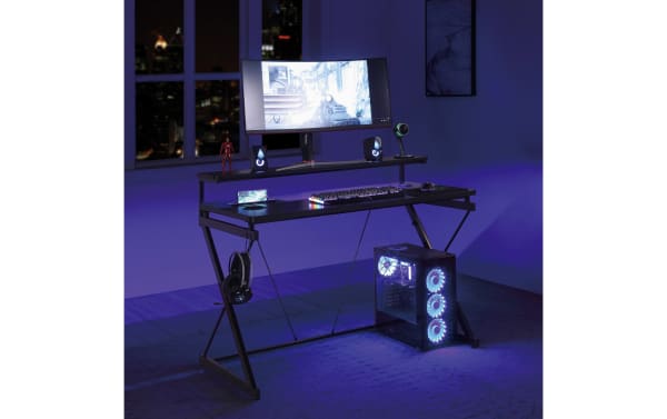 Lee Gray Gaming Desk in black painted steel and MDF with transitional style, featuring dual monitor shelf, RGB LED lights, USB ports, wireless charger, cup holder, and accessory hook.