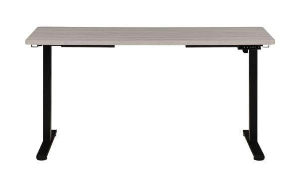 Carl Gray 60'' adjustable height desk with a gray MDF top and black steel frame, featuring touch controls and a sleek transitional style for sit-stand workstations.