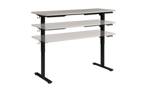 Carl Gray 60'' adjustable height desk with a painted MDF gray woodgrain top, black steel frame, and touch controls for sit-to-stand use.