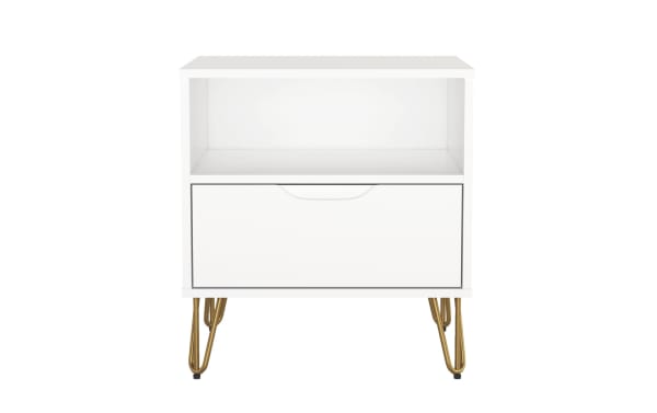 White modern nightstand with a single drawer and open shelf, featuring gold metal hairpin legs, suitable for bedroom storage.