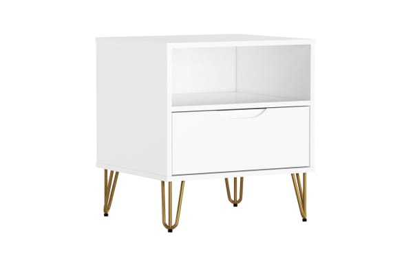 White modern nightstand with a single drawer and open shelf, featuring gold metal hairpin legs, suitable for bedroom storage.