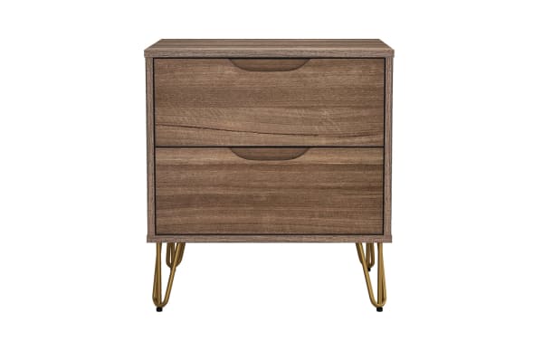 Mid-century modern wooden nightstand with two drawers, walnut finish, and gold metal hairpin legs, ideal for bedroom storage.