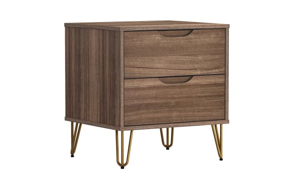 Mid-century modern style wooden nightstand with two drawers, walnut finish, and gold metal hairpin legs for bedroom storage.