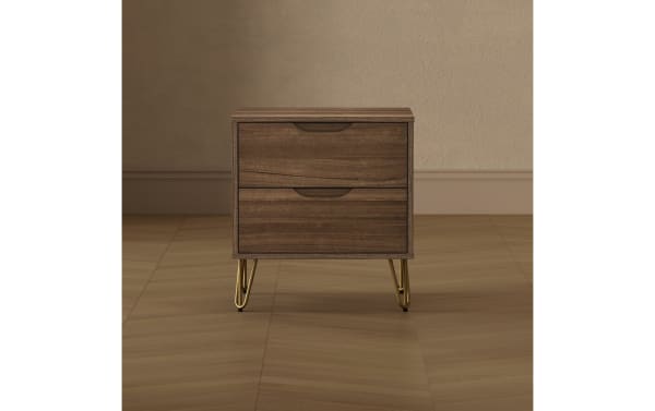 Mid-century modern two-drawer wooden nightstand with dark walnut finish and gold metal hairpin legs, ideal for bedroom storage.