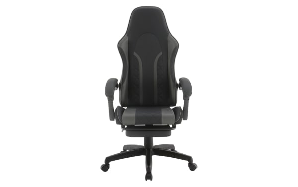 Black and gray ergonomic gaming chair with high backrest, padded armrests, quilted seat, and adjustable caster wheels for office or gaming use.