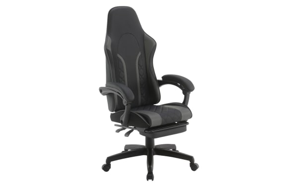 Ergonomic black and gray gaming office chair with high backrest, padded armrests, quilted seat, and adjustable height on caster wheels.