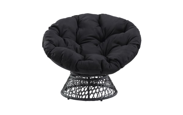 Black papasan chair with cushioned seat and woven rattan base, designed for comfortable lounging and modern home decor.