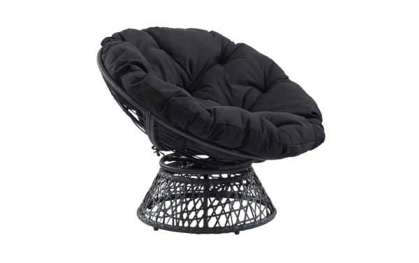 Black papasan chair with a round rattan frame and thick, tufted black cushion, designed for comfortable indoor or outdoor seating.