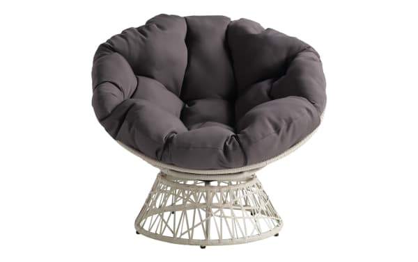 Valencia Gray & Cream Swivel Papasan Chair with plush gray polyester cushion, PE rattan frame, steel base, and 360-degree swivel in transitional style.