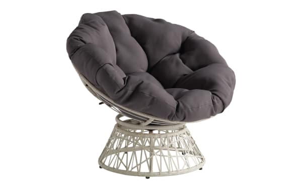 Valencia Gray & Cream Swivel Papasan Chair with large gray polyester cushion, PE rattan and steel frame, transitional style, 360-degree swivel function.