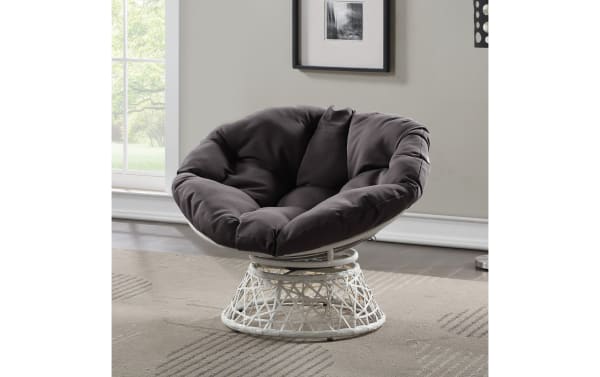 Valencia Gray & Cream Swivel Papasan Chair with large gray polyester cushion, PE rattan and steel frame, transitional style, 360-degree swivel for living rooms.