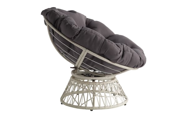 Valencia Gray & Cream Swivel Papasan Chair with large gray polyester cushion, PE rattan frame, steel base, and 360-degree swivel in transitional style.