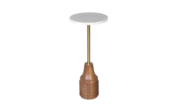 Sharday White Marble & Brown Round Accent Table with marble top, wooden base, and iron support in transitional style, compact for sofa or chair side use.
