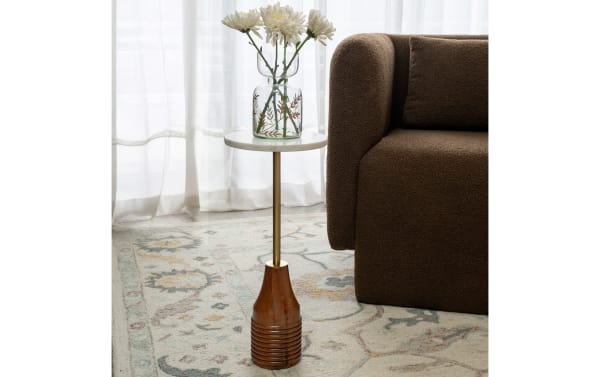 Sharday White Marble & Brown Round Accent Table with marble top, wood base, and iron stem in transitional style, ideal for compact living spaces.