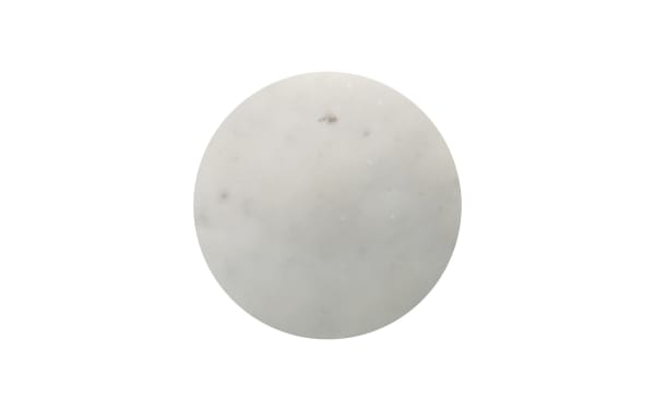 Round Sharday white marble tabletop with subtle gray veining, part of a transitional accent table featuring durable marble, wood, iron, and metal materials.
