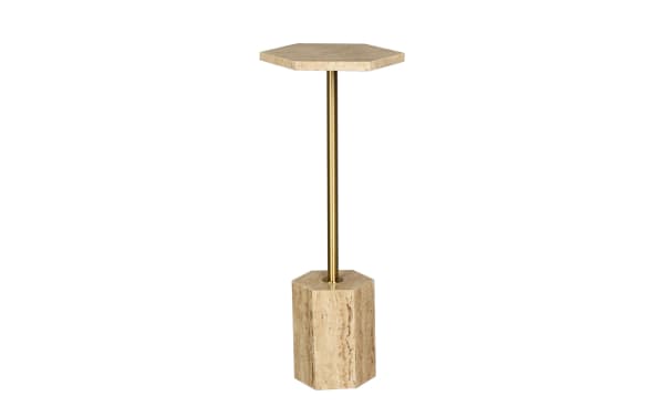 Clarissa Ivory Travertine & Gold Accent Table with hexagonal stone top and base, gold metal pedestal, contemporary compact pedestal design.