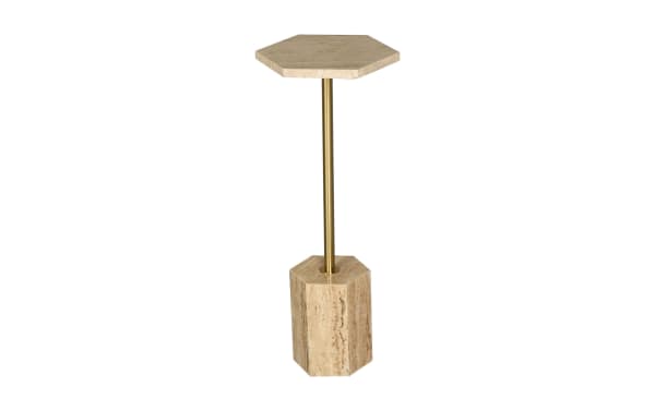 Clarissa Ivory Travertine & Gold Accent Table with hexagonal stone top, gold metal pedestal, and compact contemporary design for small spaces.