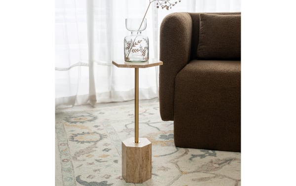 Clarissa Ivory Travertine & Gold Accent Table with hexagonal stone base, gold iron pedestal, and ivory travertine top, perfect for modern, compact spaces.