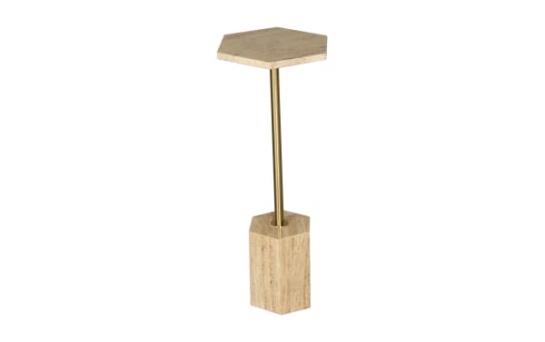 Clarissa Ivory Travertine & Gold Accent Table with hexagonal stone top, gold iron pedestal, and ivory travertine base in contemporary style.
