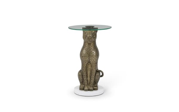 Zanzibar Antique Gold Round Accent Table with sculptural gold aluminum base, clear glass top, and white marble round platform in transitional style.
