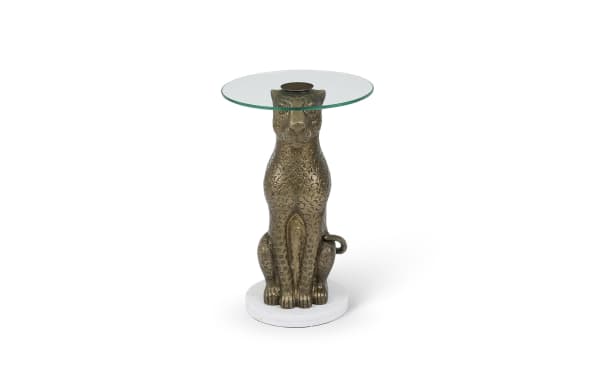 Zanzibar Antique Gold Round Accent Table with glass top, gold aluminum cheetah base, and white marble round platform in transitional style.